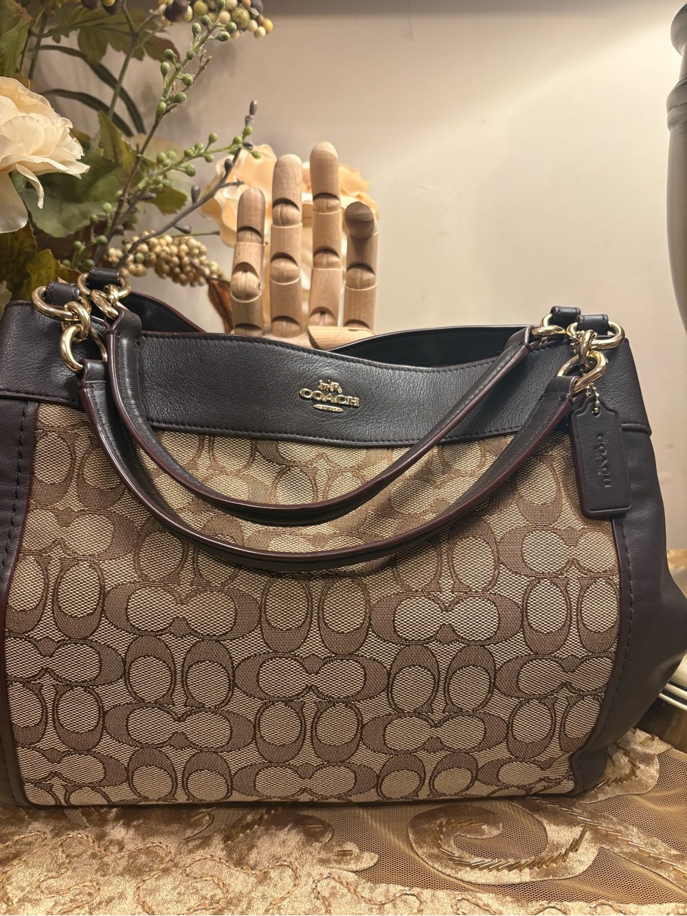 Coach Brown Signature Canvas Shoulder Bag with Dark Brown Leather Trim